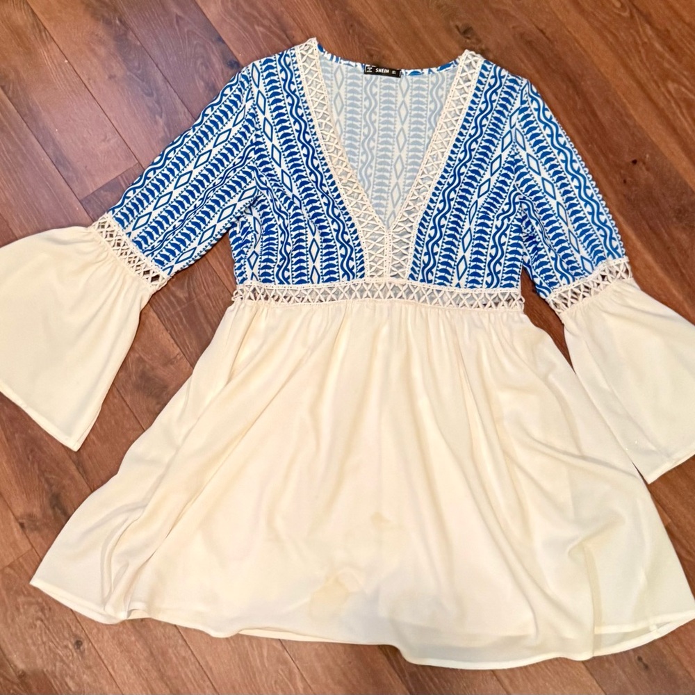 Bell Sleeve Blue and White Mini Dress